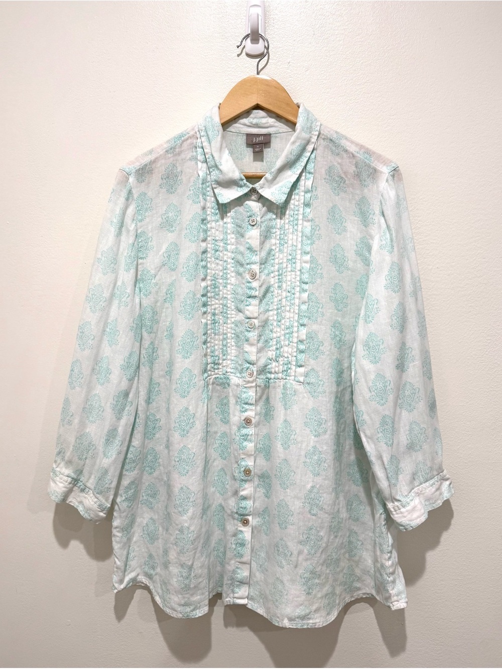 J Jill Aqua Blue White Damask Print 100% Linen Button-Up Pintucked Shirt Size XL